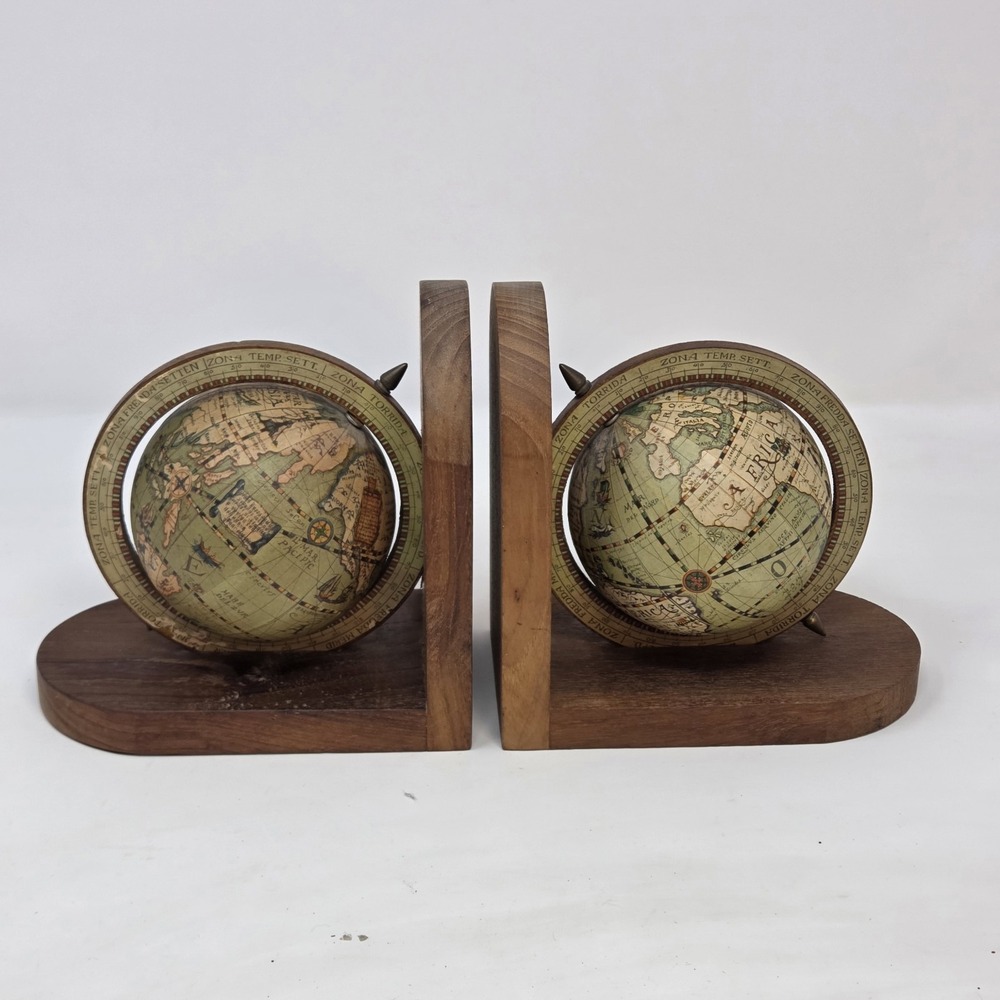 Vintage Old World Globe Bookends Pair Wood Rotating Spinning MCM Library Decor